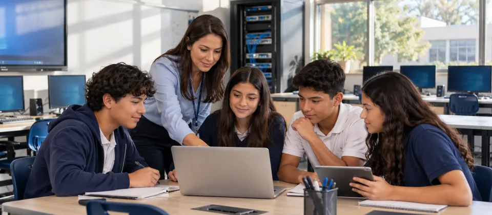 Docente y estudiantes trabajando con tecnología en un laboratorio escolar