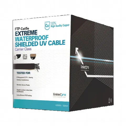 Bobina de cable de 305 m (1000 ft), Cat5e, color negro, sin blindar, para aplicaciones de video vigilancia, redes de datos. Uso en intemperie