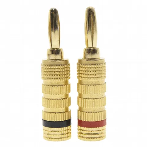 Kit Conector Banana / Tipo Tornillo / Chapado en Oro 24K / 12 AWG Máx / Polaridad Codificada / 2 Piezas / Negro / Rojo