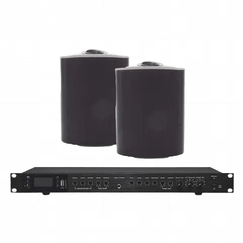 Amplificador de Audio / 2 x 60W / Baja Impedancia 4-8Ω / Bluetooth USB SD FM / 3 Entradas Micrófono / Efectos Delay Echo Repeat / 2 Bocinas Exterior 5.25'