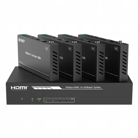 Splitter HDMI HDBaseT / 1x4 Distribución / 4K@60Hz 4:4:4 / Alcance 120 m (393.7 ft) en 4K / 150 m (492.1 ft) en 1080p / PoC / Audio Extraíble / EDID Avanzado / IR y RS232