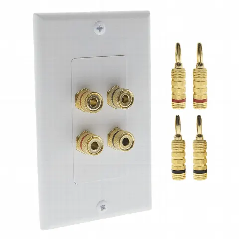 Placa de Pared para Altavoz / 2 Altavoces / 4 Postes Banana / Conectores Chapados en Oro / 75 x 115 x 15 mm / Sin Soldadura / Rojo / Negro