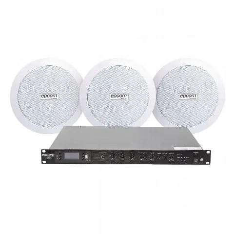 Kit de Amplificador de 120W RMS para Rack / Salida 100V/4Ω / 3 Altavoces de Plafón Coaxiales 5.5" / Sistema 70/100V / Bluetooth, MP3, USB, FM / 4 Entradas de Micrófono / Resistente a Humedad