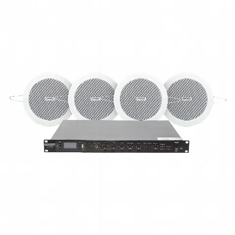 Kit de Sonido Ambiental / Amplificador 120W RMS / 4 Altavoces de 4in / Sistema 70/100V / Bluetooth y MP3 / Falso Techo