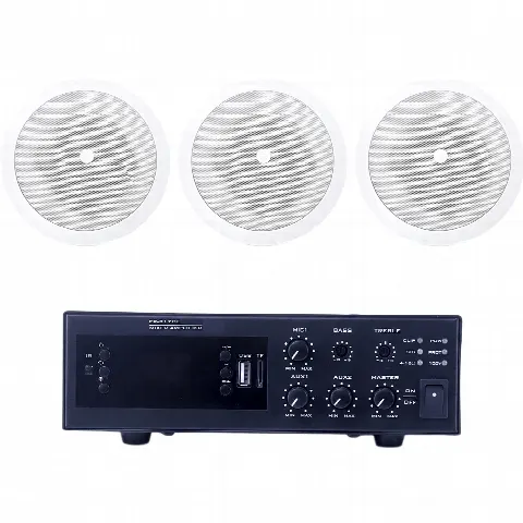 Kit de Sonido Ambiental / Amplificador 120W / 3 Altavoces de Plafón 5" / Sistema 70/100V / Bluetooth y USB / Entrada XLR Phantom 48V