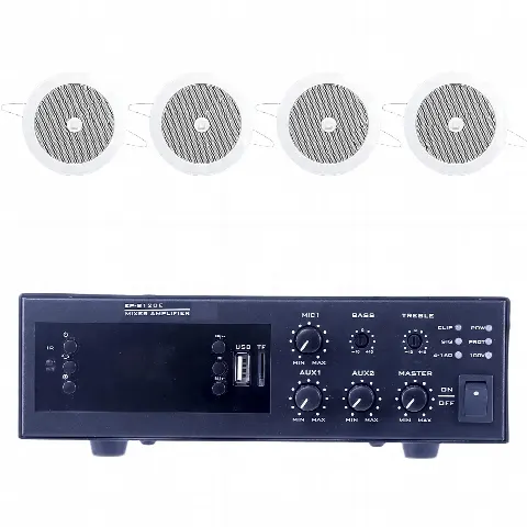 Kit de Sonido para Instalación / Amplificador 120W / 4 Altavoces de Plafón 4" / Sistema 70/100V / Bluetooth y FM