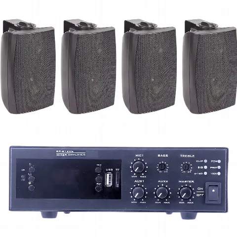 Kit de Audio para Instalaciones / Amplificador 120W / 4 Altavoces de Pared 2 Vías / Sistema 70/100V / Bluetooth / XLR Phantom 48V / Negro
