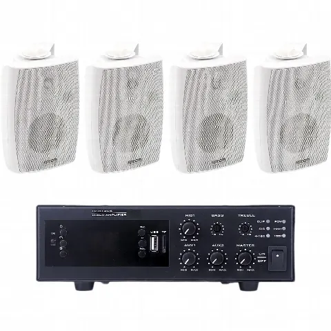Kit de Amplificador de 120W para Escritorio / 4 Altavoces de Pared 2.5W - 20W / Sistema 70/100V / Bluetooth / USB / FM / XLR con Phantom 48V / Blanco