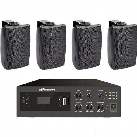 Kit Amplificador de Audio / 240W / Bluetooth FM MP3 / 4 Altavoces de Pared 2 Vías / Sistema 70/100V / Phantom 48V / Negro