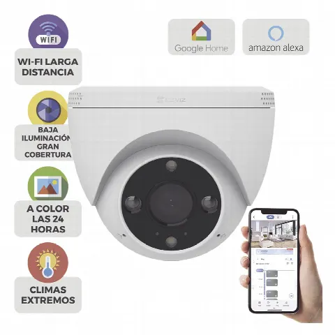 Cámara Domo IP / 3 Megapixel (2K) / Wi-Fi / Visión Nocturna Color 30 m (98.4 ft) / Detección Humana y Vehículo / IP67 / Audio Bidireccional / Ranura Micro SD 512 GB / Exterior