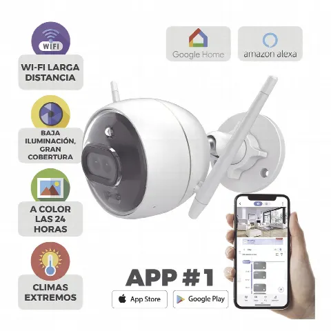 Cámara Bala IP / 2 Megapixel / Doble Lente 2.8 mm / 105° / Visión Nocturna a Color / IR 30 m (98.4 ft) / Wi-Fi 2.4 GHz / IP67 / Audio Bidireccional / Sirena y Luz Estroboscópica