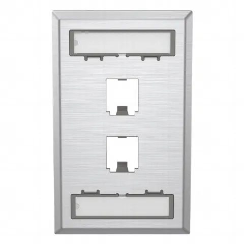 Placa de Pared Vertical, de Acero Inoxidable, Salida Para 2 Puertos Mini-Com, Con Espacios Para Etiquetas