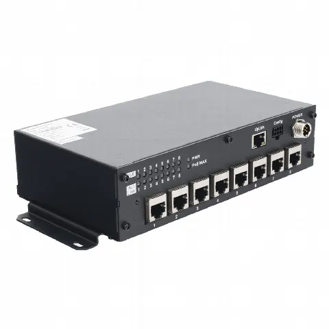 Switch PoE Móvil / 8 Puertos PoE 100 Mbps / 1 Puerto Uplink 1 Gbps / 90 W Total / 9-36 V DC / -20°C a +60°C