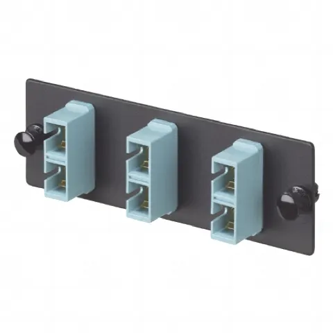 Placa Acopladora de Fibra Optica FAP, Con 3 Conectores SC Duplex (6 Fibras), Para Fibra Multimodo OM3/OM4, Color Aqua