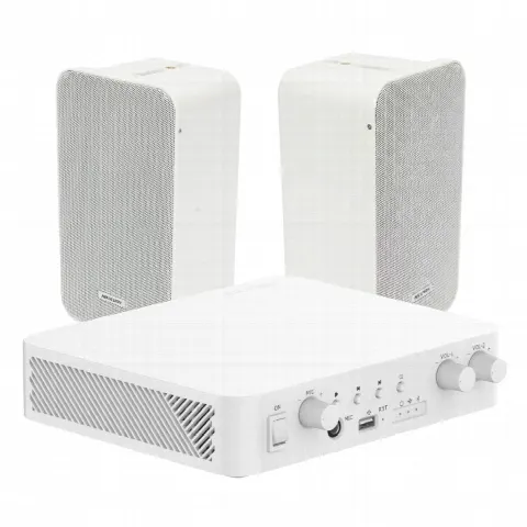 Kit Amplificador 100V / 2 Canales 30W / Bluetooth / USB / RCA / 2 Altavoces Pared 20W / IP66