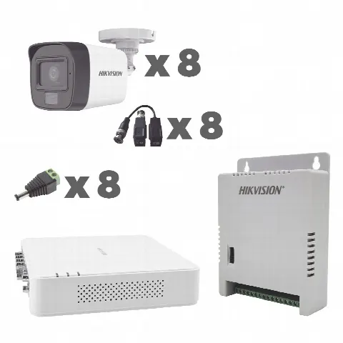 Kit TurboHD / DVR 8 Canales / Audio por Coaxitron / 8 Cámaras 1080p / Micrófono Integrado / Luz Blanca + IR / Fuente Ajustable 12-15 V