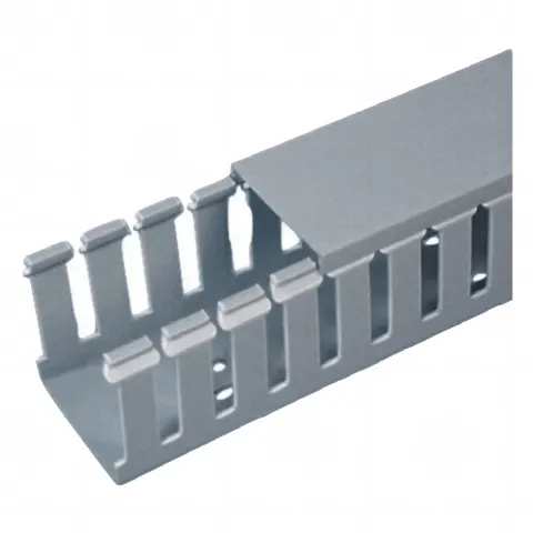 Canaleta Ranurada de PVC con Tapa, Tipo F, 32 mm de Ancho, 79.2 mm de Alto y 2 m de Largo, Color Gris