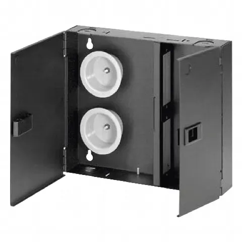 Caja de Conexión de Fibra Óptica, Para Montaje en Pared, Acepta 2 Placas FAP o FMP, Hasta 48 Fibras, Color Negro