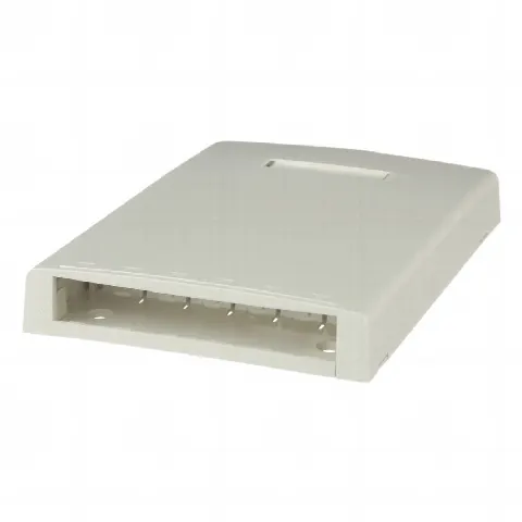 Caja de Montaje en Superficie, Con Accesorio para Resguardo de Fibra Óptica, Para 6 Módulos Mini-Com, Color Blanco Mate