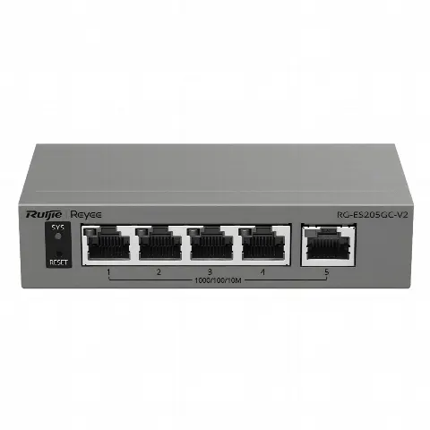 Switch Capa 2 Gestionado en la Nube / 5 Puertos Gigabit / Switching 10 Gbps / Forwarding 7.44 Mpps / Diseño sin Ventilador / Protección 6 kV / Modo CCTV de un Clic / 32 VLANs / Gabinete Metálico / Ruijie Cloud