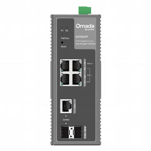 Switch Industrial Easy Managed / 6 Puertos Gigabit / 4 PoE (1× PoE++ 60W + 3× PoE+ 30W) / 120W PoE Budget / 2 SFP / IP40 / -40°C a 75°C / 6kV Protección Rayos / DIN-Rail