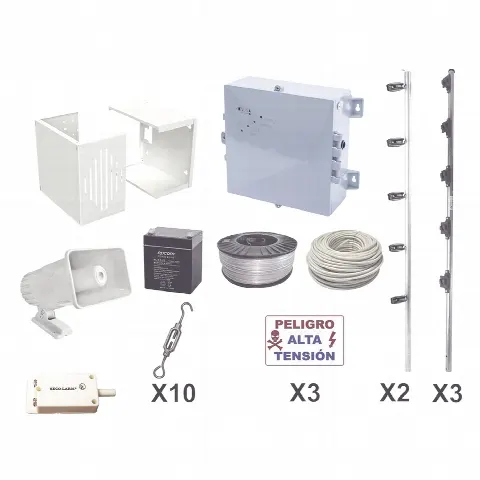 Kit de Cerco Eléctrico Perimetral / 25 m (82 ft) / 12,000V / Consumo 1.2 kW/mes / Tecnología SMT / Respaldo con Batería