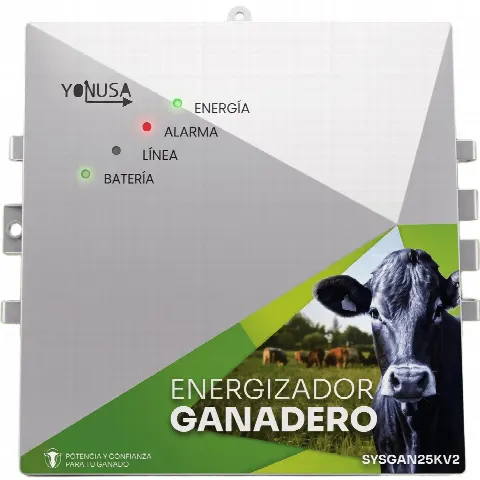 Energizador Ganadero / 10,000 Volts / 0.2 a 5.0 Joules Ajustable / 25 km Lineales / Alimentación 90-260 Vca y 12 Vcd / Panel Solar / NEMA 2