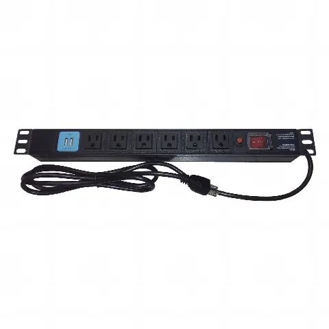 Tomacorriente Horizontal (PDU) de 6 contactos (NEMA 5-15R) + 2 USB para instalación en Rack de 19, 1UR, 125 Vca/ 15 A (THE0040091001001)
