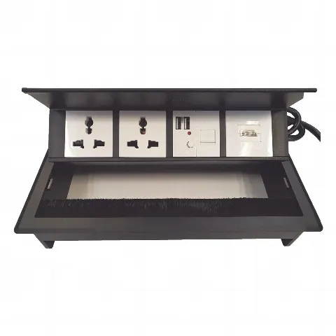 Caja Horizontal tipo Hub para escritorio color negro, con 1 Puerto HDMI Hembra-Hembra, 1 puerto RJ45 Cat6,  2 Puertos USB (Solo carga),  y 2 Contactos eléctricos universales