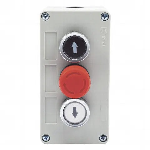 Botonera Triple con Boton de Stop Tipo Enclavado / Para Barreras Vehiculares, Operadores Corredizos y Abatibles. 