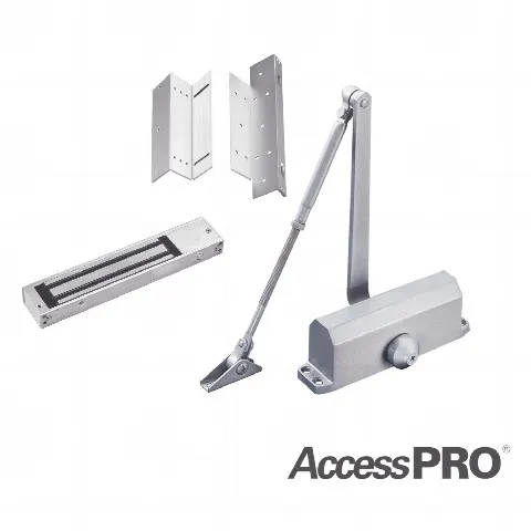 Kit para control de acceso incluye Chapa magnética de 600Lbs / Montajes L y Z / Cierra puerta para 45-65Kg.