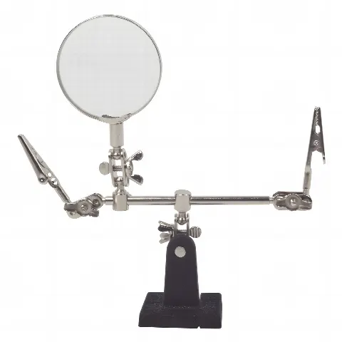 Soporte con lupa y dos brazos con clip. Ideal para trabajos de soldadura.
