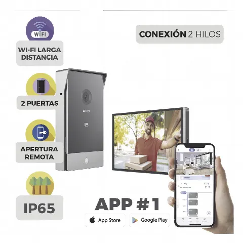 Videoportero IP Conexión a 2 Hilos / Con Monitor Wi-Fi para Interior / Frente de Calle  IP65 Uso Exterior Protegido / Cámara 3 Megapíxel / Llamada a la App / Apertura remota  / Soporta 2 Puertas / Ranura para Micro SD