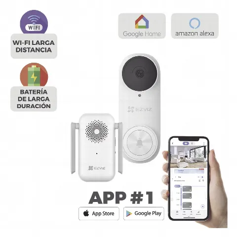 Timbre con Cámara Wi-Fi (Doorbell) de Batería Recargable  / Libre de Cables / Uso Exterior Con Protección (IP65) / Cámara 3 Megapíxel / Llamada a la App / Incluye Timbre Para Interior Con Timbres Seleccionables / Ranura 