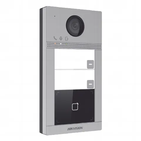 Videoportero IP 2 Megapixel / Llamada y Apertura Remota desde App Hik-Connect / PoE / Exterior IP65 + Antivandalico IK08 / 2 Departamentos / Apertura con Tarjeta / Soporta 2 Puertas y hasta 6 Monitores
