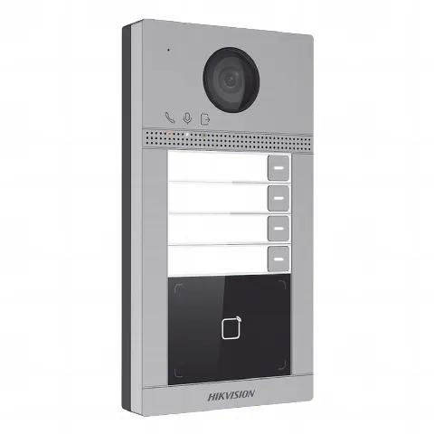 Videoportero IP 2 Megapixel / Llamada y Apertura Remota desde App Hik-Connect / PoE / Exterior IP65 + Antivandalico IK08 / 4 Departamento / Apertura con Tarjeta / Soporta 2 Puertas y hasta 6 Monitores