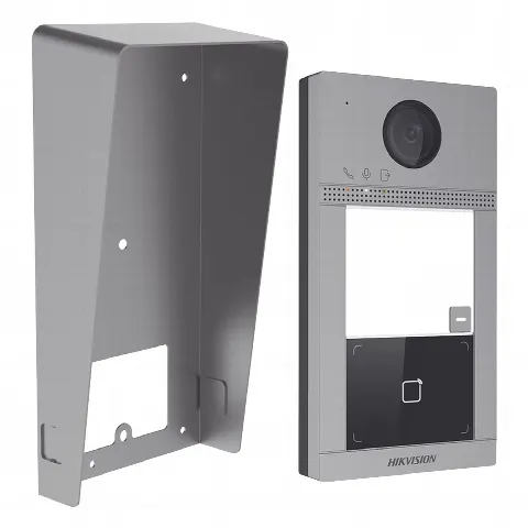 Kit Videoportero + Carcasa protectora IP 2 Megapixel / Llamada y Apertura Remota desde App Hik-Connect / PoE / Exterior IP65 + Antivandalico IK08 / 1 Departamento / Apertura con Tarjeta / Soporta 2 Puertas y hasta 6 Monitores