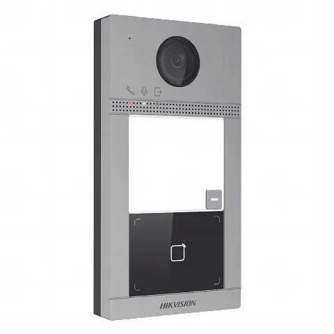 Videoportero IP 2 Megapixel / Llamada y Apertura Remota desde App Hik-Connect / PoE / Exterior IP65 + Antivandalico IK08 / 1 Departamento / Apertura con Tarjeta / Soporta 2 Puertas y hasta 6 Monitores