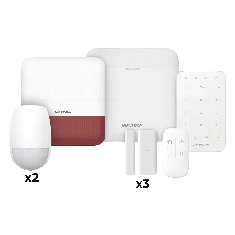 (AX PRO) KIT de Alarma AXP RO / Incluye: 1 Hub / 2 Sensores PIR / 3 Contactos Magnéticos mini / 1 Control Remoto / 1 Sirena Estrobo en color Rojo Inalambrica Exterior /1 Teclado Inalámbrico / WiFi / Compatible con Hik-Connect P2P