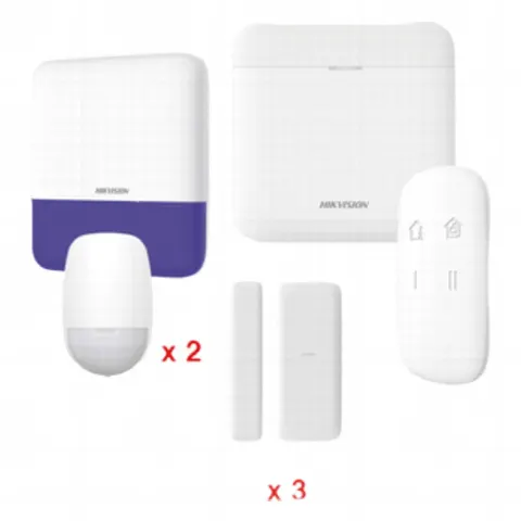 (AX PRO) KIT de Alarma AXP RO / Incluye: 1 Hub con bateria de respaldo / 2 Sensores PIR / 3 Contactos Magnéticos mini / 1 Control Remoto / 1 Sirena Inalambrica Exterior  / WiFi / Compatible con Hik-Connect P2P