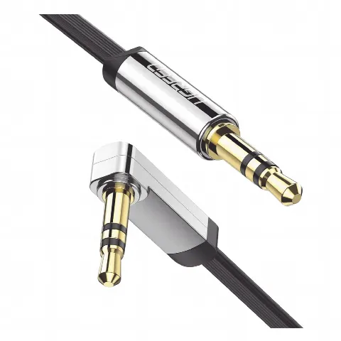 Cable Auxiliar Plano 2 Metros / Conector 3.5mm a 3.5mm / Macho-Macho / Recto a Angulo / Ángulo de 90° en una de sus Puntas / Color Negro