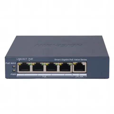 Switch Gigabit PoE+ / Administrable / 4 Puertos 10/100/1000 Mbps PoE+ / 1 Puerto 10/100/1000 Mbps Uplink / Configuración Nube Hik-PartnerPro / Modo Extendido hasta 300 Metros / 45 Watts