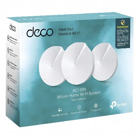 Kit 3 Routers Inalámbricos MESH Interior para Hogar / Doble Banda Wi-Fi 5 AC1300 Mbps / 2 Puerto Gigabit WAN/LAN / 4 Antenas Internas / Administración Mediante la App Deco (iOS, Android) / Protección HomeCare