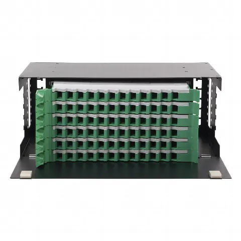 Distribuidor de Fibra Óptica con bandejas deslizables, vacío, 19in, acepta 72 adaptadores LC Duplex o LC Simplex o 72 SC Simplex, 4U