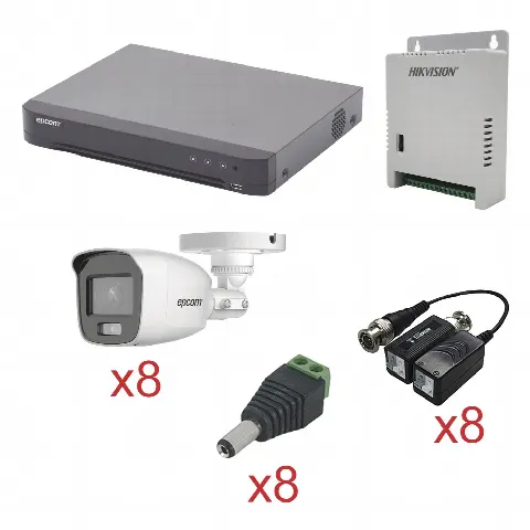 KIT TurboHD con Audio 1080p / DVR 8 Canales / 8 Cámaras Bala (exterior 2.8 mm) / Transceptores / Conectores / Fuente de Poder / AUDIO POR COAXITRON