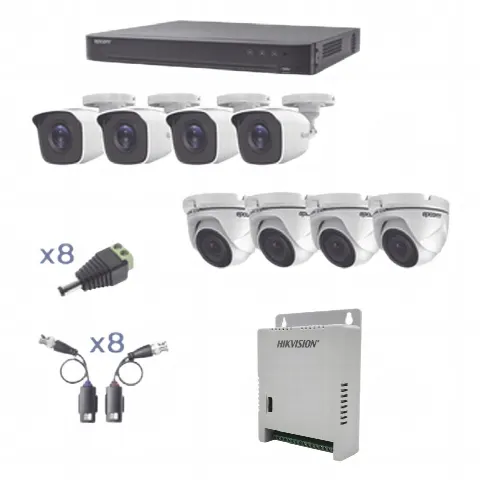KIT TurboHD 1080p / DVR 8 Canales / 4 Cámaras Bala (exterior 2.8 mm) / 4 Cámaras Eyeball (exterior 2.8 mm) / Transceptores / Conectores / Fuente de Poder Profesional hasta 15 Vcc para Largas Distancias