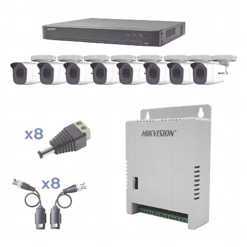 KIT TurboHD 1080p / DVR 8 Canales / 8 Cámaras Bala (exterior 2.8 mm) / Transceptores / Conectores / Fuente de Poder Profesional hasta 15 Vcc para Larga Distancias