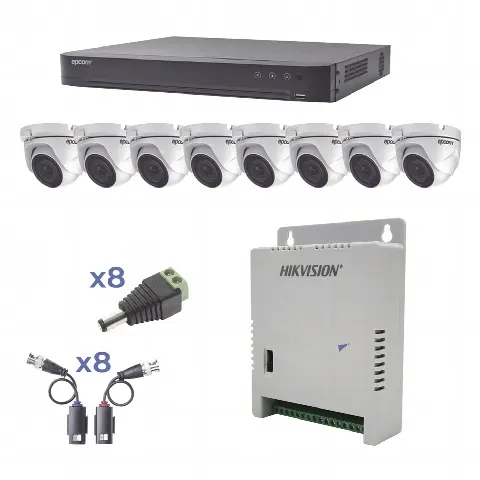 KIT TurboHD 1080p / DVR 8 Canales / 8 Cámaras Eyeball (exterior 2.8 mm) / Transceptores / Conectores / Fuente de Poder Profesional hasta 15 Vcc para Larga Distancia