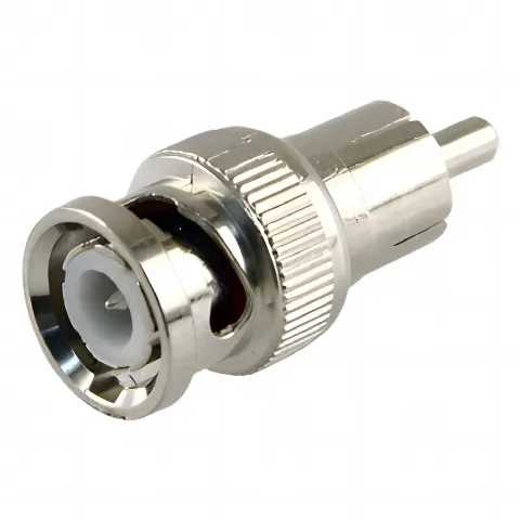 Adaptador en línea para 75 Ohm, de conector BNC macho a RCA macho en aplicaciones de Audio-Video para cámaras, monitores y DVR´s.