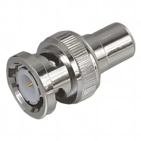 Adaptador en línea para 75 Ohm, de conector BNC macho a RCA hembra en aplicaciones de Audio-Video para cámaras, monitores y DVR´s.